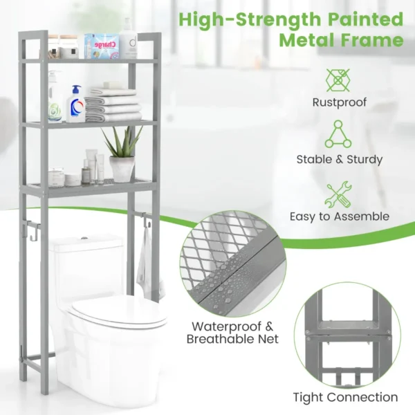 Opbergrek boven het toilet metalen organiser kantelbeveiliging 3 haken 3 planken voor badkamer toilet grijs 6