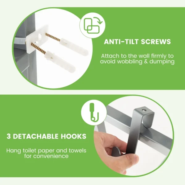 Opbergrek boven het toilet metalen organiser kantelbeveiliging 3 haken 3 planken voor badkamer toilet grijs 7