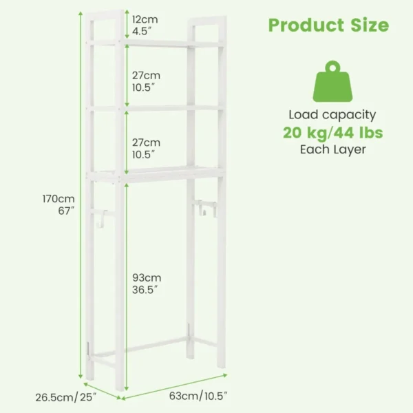 Opbergrek boven het toilet metalen organiser kantelbeveiliging 3 haken 3 planken voor badkamer toilet wit 3