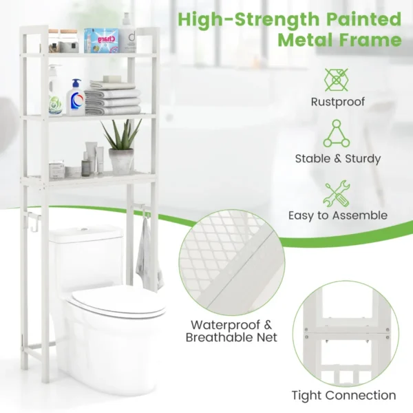 Opbergrek boven het toilet metalen organiser kantelbeveiliging 3 haken 3 planken voor badkamer toilet wit 6