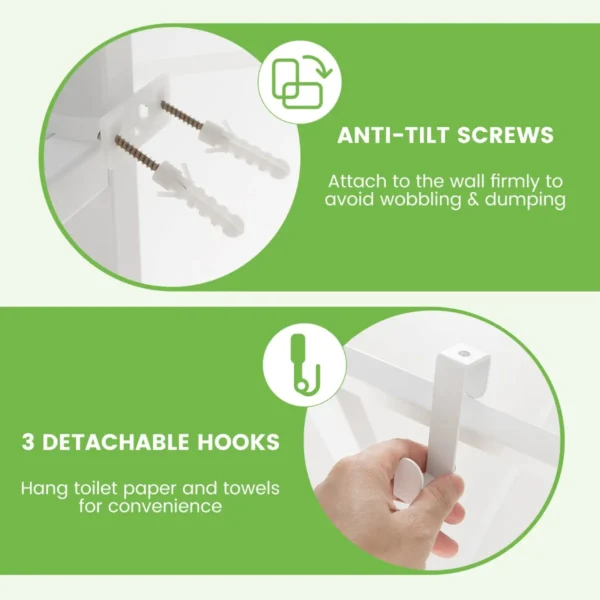 Opbergrek boven het toilet metalen organiser kantelbeveiliging 3 haken 3 planken voor badkamer toilet wit 7