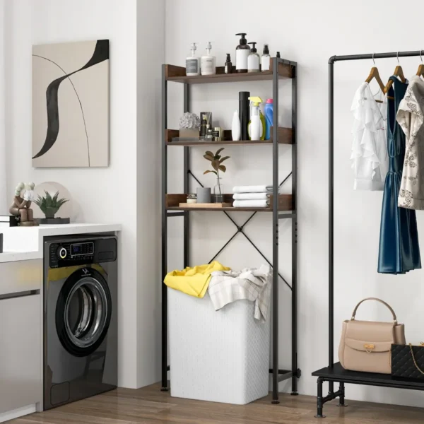Opbergrek op 3 niveaus boven het toilet 4 haken verstelbare onderbalk vrijstaande steun voor toiletten badkamer bijkeuken bruin 7