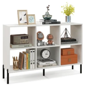 Open boekenkast met 6 vakken 2 niveaus hout verhoogde metalen poten 5 positie verstelbare planken anti kantelset voor thuis wit 1