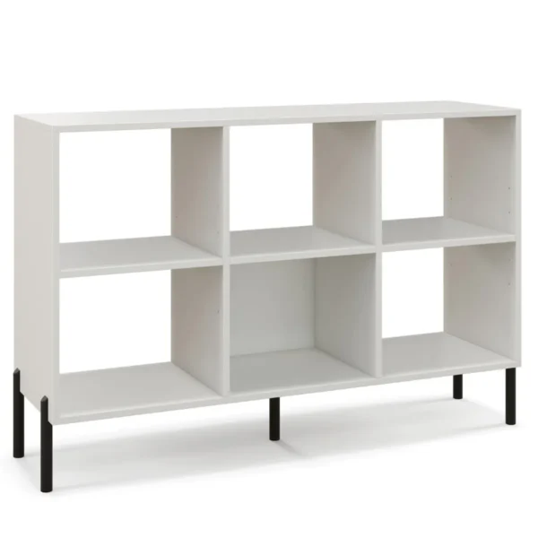 Open boekenkast met 6 vakken 2 niveaus hout verhoogde metalen poten 5 positie verstelbare planken anti kantelset voor thuis wit 2