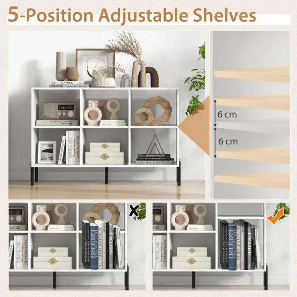 Open boekenkast met 6 vakken 2 niveaus hout verhoogde metalen poten 5 positie verstelbare planken anti kantelset voor thuis wit 4