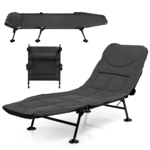 Opklapbaar campingbed met afneembaar matras 6 voudig verstelbare rugleuning en 360° draaibare voetafdekking loungestoel 1