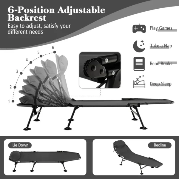 Opklapbaar campingbed met afneembaar matras 6 voudig verstelbare rugleuning en 360° draaibare voetafdekking loungestoel 3