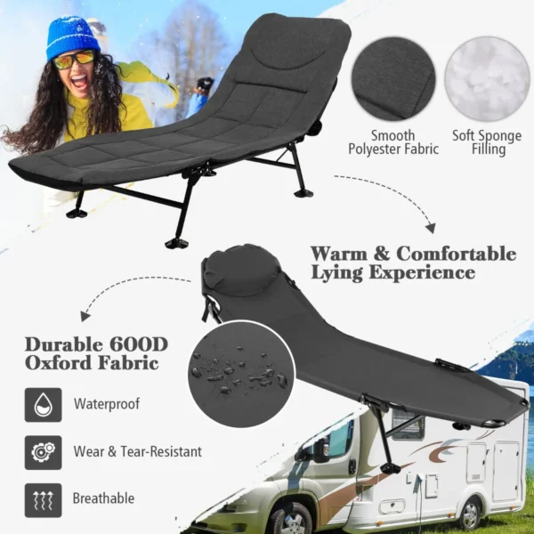 Opklapbaar campingbed met afneembaar matras 6 voudig verstelbare rugleuning en 360° draaibare voetafdekking loungestoel 5