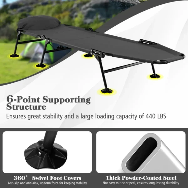 Opklapbaar campingbed met afneembaar matras 6 voudig verstelbare rugleuning en 360° draaibare voetafdekking loungestoel 7