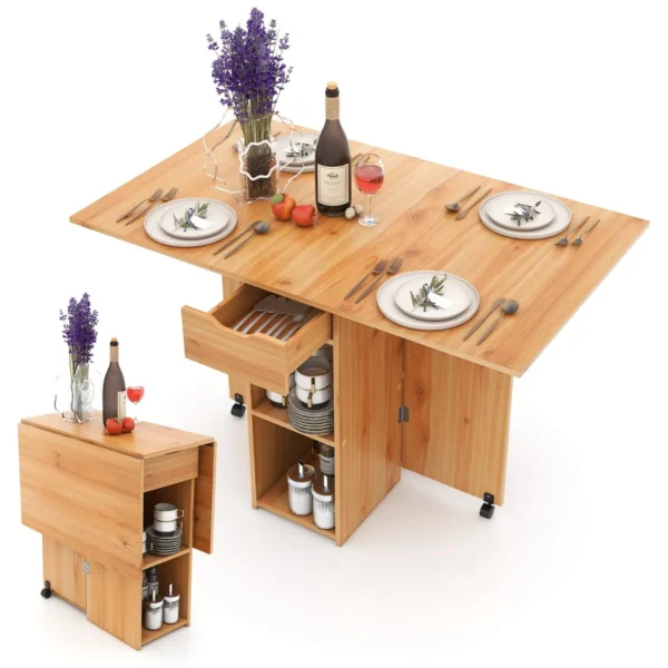Opklapbare bijzettafel met 2 wielen consoletafel met kleppen opklapbare tafel met opbergsteun en lade met 2 niveaus natuur 1