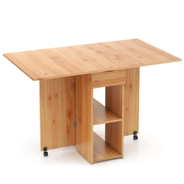 Opklapbare bijzettafel met 2 wielen consoletafel met kleppen opklapbare tafel met opbergsteun en lade met 2 niveaus natuur 2