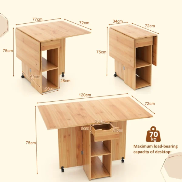 Opklapbare bijzettafel met 2 wielen consoletafel met kleppen opklapbare tafel met opbergsteun en lade met 2 niveaus natuur 3