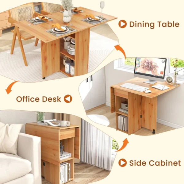 Opklapbare bijzettafel met 2 wielen consoletafel met kleppen opklapbare tafel met opbergsteun en lade met 2 niveaus natuur 4
