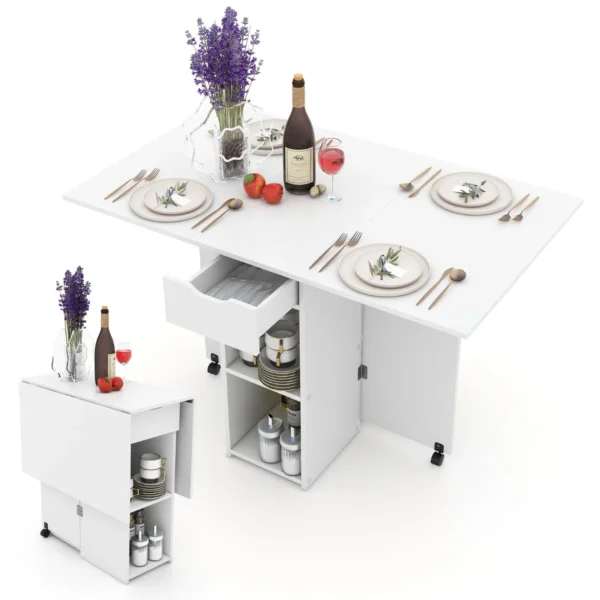 Opklapbare bijzettafel met 2 wielen consoletafel met kleppen opklapbare tafel met opbergsteun en lade met 2 niveaus wit 1
