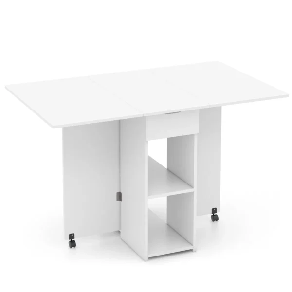 Opklapbare bijzettafel met 2 wielen consoletafel met kleppen opklapbare tafel met opbergsteun en lade met 2 niveaus wit 2