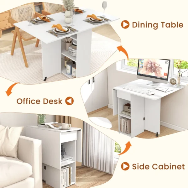 Opklapbare bijzettafel met 2 wielen consoletafel met kleppen opklapbare tafel met opbergsteun en lade met 2 niveaus wit 4