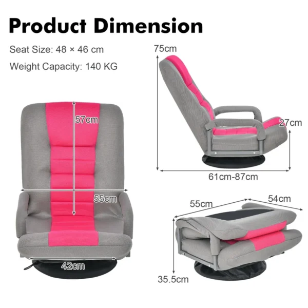 Opklapbare vloerfauteuil 360° draaibare basis rugleuning verstelbaar in 6 posities maximale belasting 140 kg roze 2
