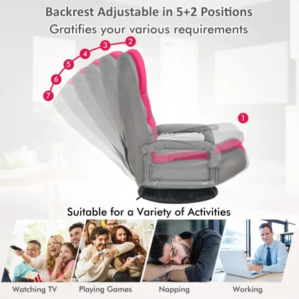 Opklapbare vloerfauteuil 360° draaibare basis rugleuning verstelbaar in 6 posities maximale belasting 140 kg roze 4