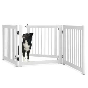 Opvouwbaar 3 delig hondenhek van dennenhout voor deuren / trappen 61cm hoog wit 1