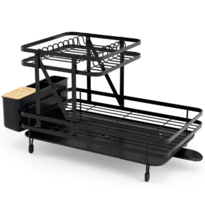 Opvouwbaar afdruiprek en droogrek set 2 tier metalen afdruiprek afdruiprek voor aanrecht zwart 1
