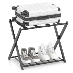 Opvouwbaar bagagerek bagagerek met 2 niveaus stevig metalen bagagerek stevige nylon riemen voor slaapkamer kledingkast zwart 1