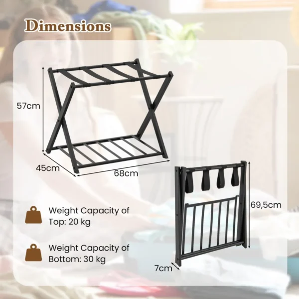 Opvouwbaar bagagerek bagagerek met 2 niveaus stevig metalen bagagerek stevige nylon riemen voor slaapkamer kledingkast zwart 3