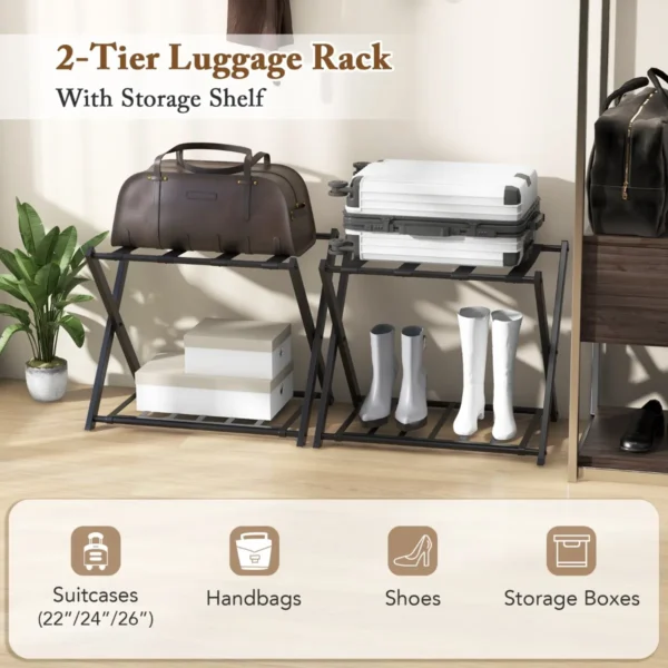 Opvouwbaar bagagerek bagagerek met 2 niveaus stevig metalen bagagerek stevige nylon riemen voor slaapkamer kledingkast zwart 4