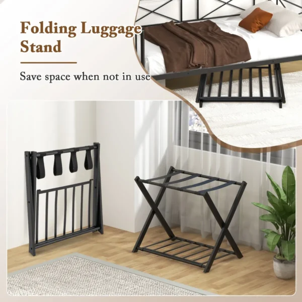 Opvouwbaar bagagerek bagagerek met 2 niveaus stevig metalen bagagerek stevige nylon riemen voor slaapkamer kledingkast zwart 5