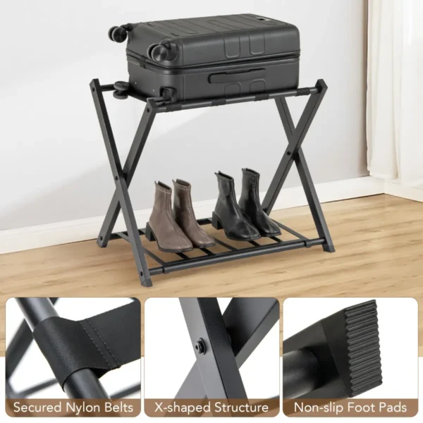 Opvouwbaar bagagerek bagagerek met 2 niveaus stevig metalen bagagerek stevige nylon riemen voor slaapkamer kledingkast zwart 7