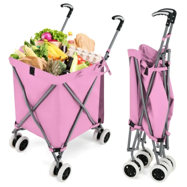 Opvouwbare boodschappentrolley met wielen handwagen met afneembare oxford tas winkelwagen inklapbaar voor winkelen kamperen roze 1