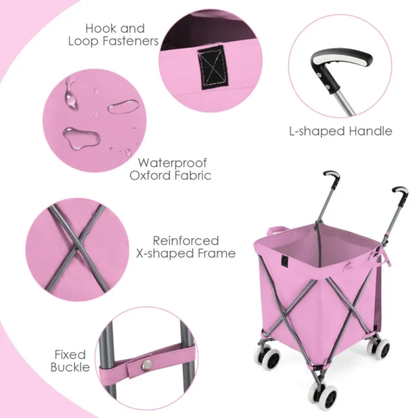 Opvouwbare boodschappentrolley met wielen handwagen met afneembare oxford tas winkelwagen inklapbaar voor winkelen kamperen roze 6