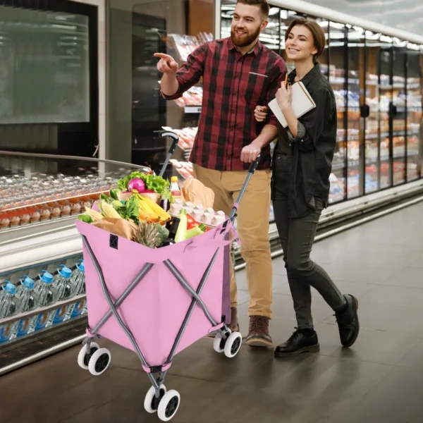 Opvouwbare boodschappentrolley met wielen handwagen met afneembare oxford tas winkelwagen inklapbaar voor winkelen kamperen roze 7