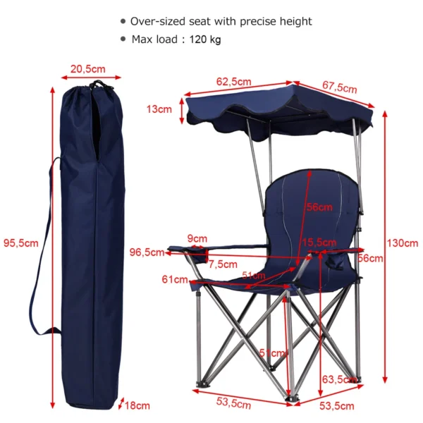 Opvouwbare campingstoel met zonneluifel bekerhouder draagtas 96,5 x 67,5 x 130 cm blauw 3