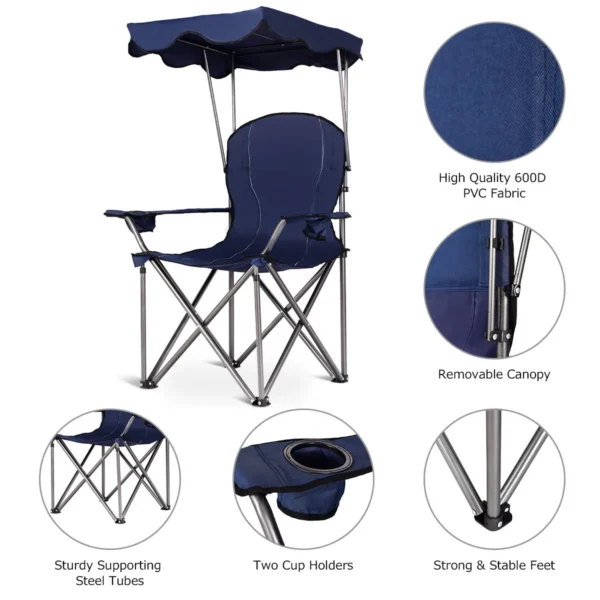 Opvouwbare campingstoel met zonneluifel bekerhouder draagtas 96,5 x 67,5 x 130 cm blauw 5
