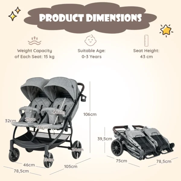 Opvouwbare dubbele kinderwagen kinderwagen met individuele rugleuning verstelbare rugleuning voetsteun en luifel grijs 3
