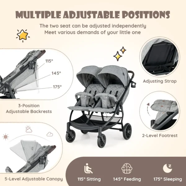 Opvouwbare dubbele kinderwagen kinderwagen met individuele rugleuning verstelbare rugleuning voetsteun en luifel grijs 4