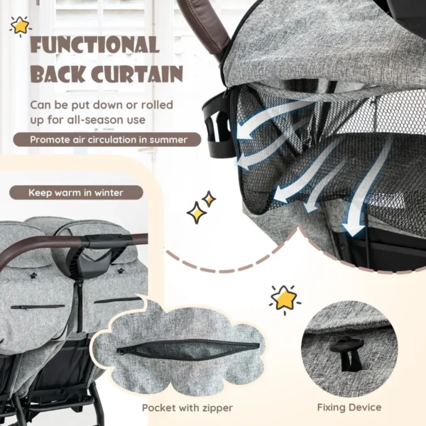 Opvouwbare dubbele kinderwagen kinderwagen met individuele rugleuning verstelbare rugleuning voetsteun en luifel grijs 7