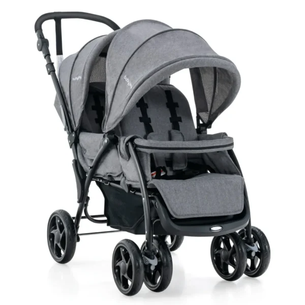 Opvouwbare dubbele kinderwagen voor baby's met zonnekap 5 punts veiligheidsgordel verstelbare rugleuning vergrendelbare wielen grijs 2