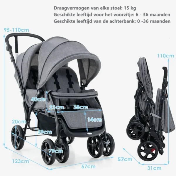 Opvouwbare dubbele kinderwagen voor baby's met zonnekap 5 punts veiligheidsgordel verstelbare rugleuning vergrendelbare wielen grijs 3