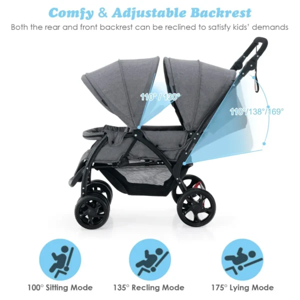 Opvouwbare dubbele kinderwagen voor baby's met zonnekap 5 punts veiligheidsgordel verstelbare rugleuning vergrendelbare wielen grijs 4