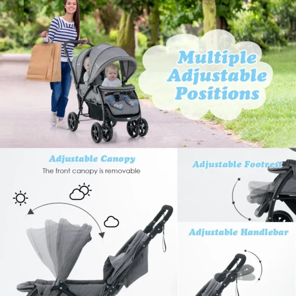 Opvouwbare dubbele kinderwagen voor baby's met zonnekap 5 punts veiligheidsgordel verstelbare rugleuning vergrendelbare wielen grijs 5