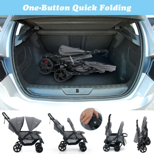 Opvouwbare dubbele kinderwagen voor baby's met zonnekap 5 punts veiligheidsgordel verstelbare rugleuning vergrendelbare wielen grijs 6