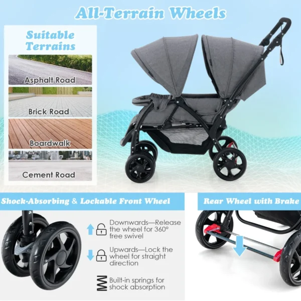 Opvouwbare dubbele kinderwagen voor baby's met zonnekap 5 punts veiligheidsgordel verstelbare rugleuning vergrendelbare wielen grijs 7