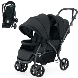 Opvouwbare dubbele kinderwagen voor baby's met zonnekap 5 punts veiligheidsgordel verstelbare rugleuning vergrendelbare wielen zwart 1