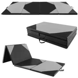 Opvouwbare gymnastiekmat met 4 panelen schuim en pu trainingsmat met handgrepen en klittenband voor gymnasten en yogatrainers grijs 1