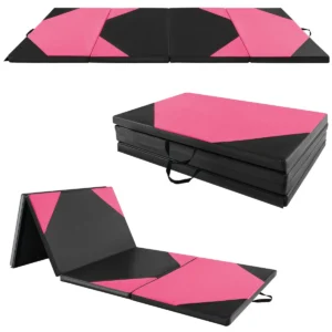 Opvouwbare gymnastiekmat met 4 panelen schuim en pu trainingsmat met handgrepen en klittenband voor gymnasten en yogatrainers roze 1