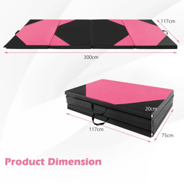 Opvouwbare gymnastiekmat met 4 panelen schuim en pu trainingsmat met handgrepen en klittenband voor gymnasten en yogatrainers roze 2