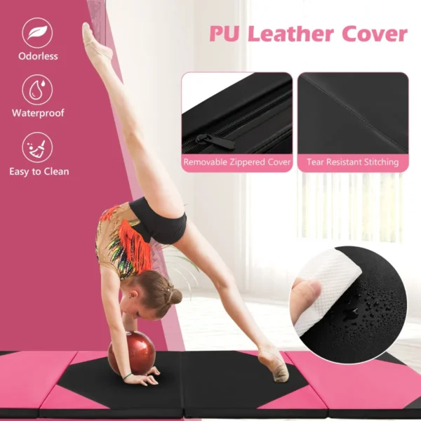Opvouwbare gymnastiekmat met 4 panelen schuim en pu trainingsmat met handgrepen en klittenband voor gymnasten en yogatrainers roze 3
