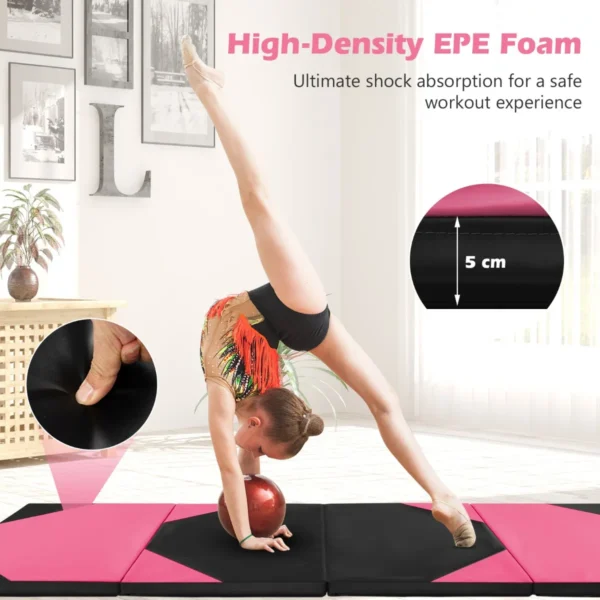 Opvouwbare gymnastiekmat met 4 panelen schuim en pu trainingsmat met handgrepen en klittenband voor gymnasten en yogatrainers roze 4