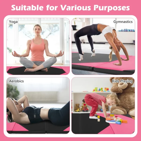 Opvouwbare gymnastiekmat met 4 panelen schuim en pu trainingsmat met handgrepen en klittenband voor gymnasten en yogatrainers roze 7
